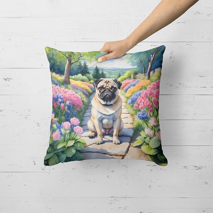 Caroline's Treasures Pug Spring Path Throw Pillow Machine Washable, Indoor Outdoor Decorative Pillow for Couch, Bed or Patio, 18Hx18W