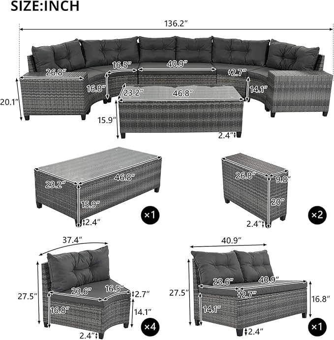 8-Piece Half-Moon Curved Outdoor Sofa Set, Outdoor All-Weather Wicker Patio Conversation Set with Coffee Table Curved Garden Patio Furniture Set with Movable Cushion and Pillows for Pool Backyard,Grey