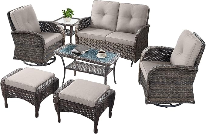 7 PCS Modern Wicker Patio Conversation Sets - Outdoor Swivel Chairs & Glider Loveseat - Ergonomic, Stainless Steel Frame - Brown/Beige