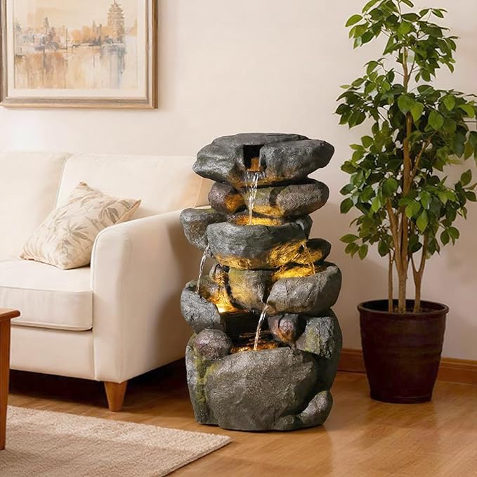 Sunlinua 28.6" H Outdoor Water Fountain with 4 Tiers Cascading Realistic Rock Waterfall Fountains with LED Lights Outdoor Water Fountain for Garden Patio Backyard Porch Home Decor