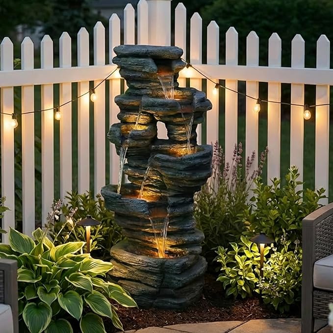 Bumilgar 42.5" H Garden Outdoor Water Fountain with LED Lights & Pump, Mutiply-Tier Cascading Outdoor Fountain Suitable for Garden/Patio/Yard/Deck/Balcony and Home Art Decor（Resin）