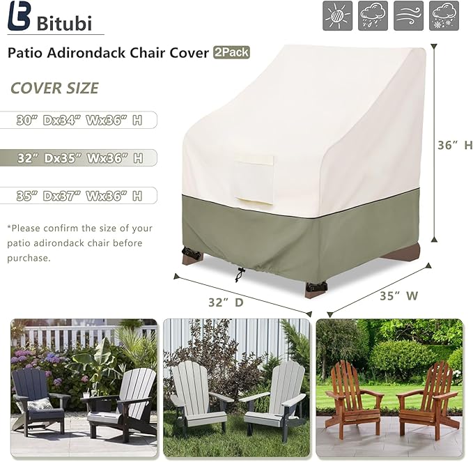 Bitubi Waterproof 2 Pack Patio Adirondack Chair Cover for Outdoor Chair Size Up to 32W x 35D x 36H inch,Outdoor Lawn Patio Furniture Covers (Beige)