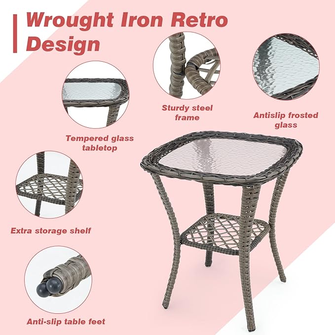EROMMY 5 Pieces Outdoor Swivel Rocker Patio Chairs, 360 Degree Rocking Patio Conversation Set with Thickened Cushions, Glass Coffee Table and Ottomans for Backyard, Wine Red