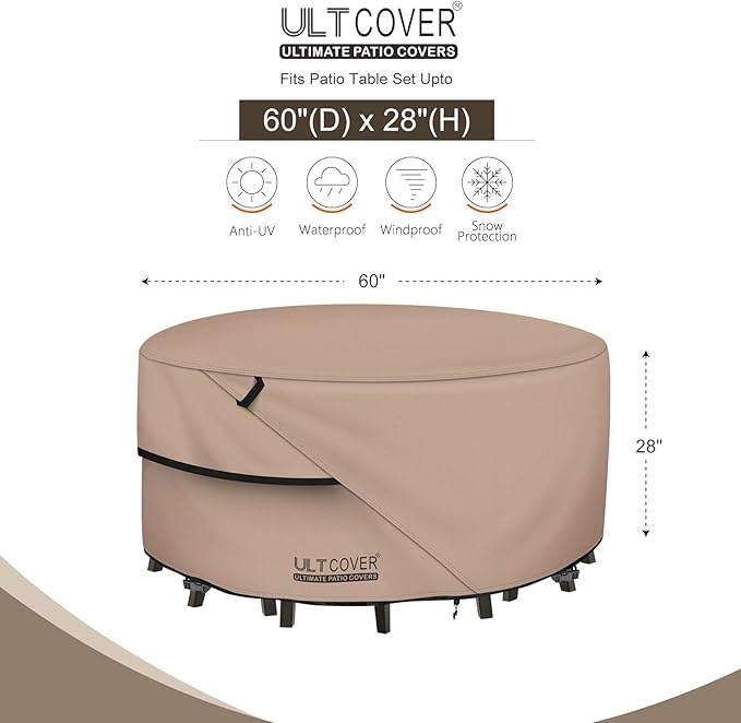 ULTCOVER Round Patio Table and Chair Set Cover - Outdoor Heavy Duty 600D Waterproof Furniture Cover 60 inch