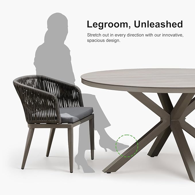 PURPLE LEAF 5 Pieces Oversized Round Patio Dining Set Aluminum Frame and Wicker Rattan Arm Chairs with Cushions for Garden Porch Kitchen Modern Outdoor Grey