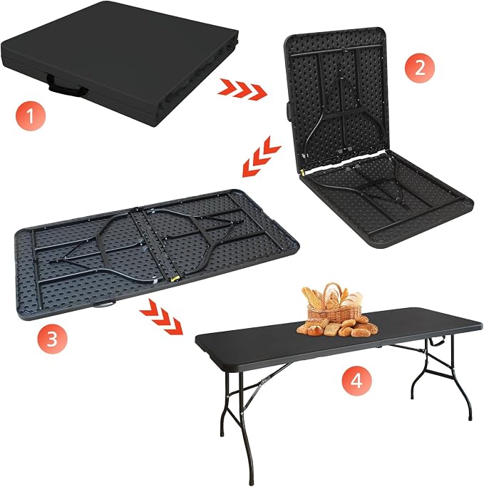 Portable 6Ft Folding Table, Heavy Duty Plastic Fold-in-Half Utility Foldable Dining Table, Multi-Purpose Plastic Folding Table with Carrying Handle for Camping and Party Indoor/Outdoor (Black)