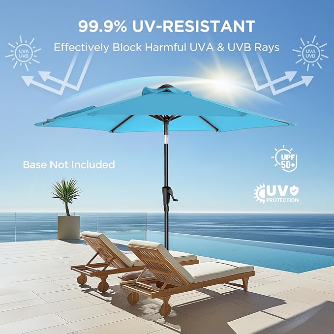 HOMSHADE 7.5ft Outdoor Patio Umbrella - Market Table Pool Deck Umbrella UPF50+ UV Protection with Push Button Tilt, Crank and 6 Sturdy Ribs (Light Blue, No base)