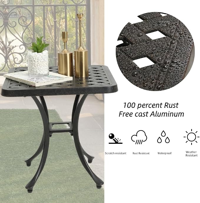 Patio Side Table, Cast Aluminum Square Outdoor Coffee Table for Backyard Garden or Balcony (Antique Brass)
