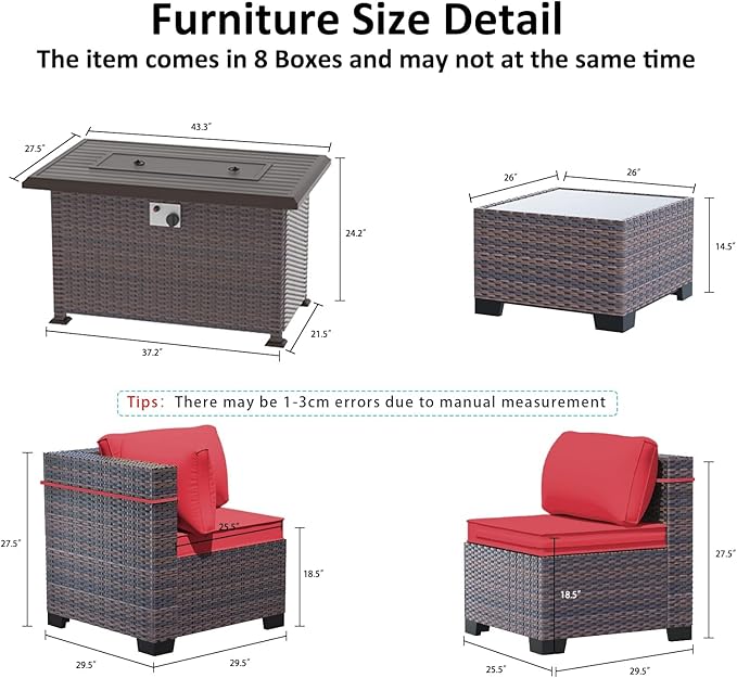Outdoor Patio Furniture Set with Gas Fire Pit Table, 15 Pieces Outdoor Furniture Set Patio Sectional Sofa w/43in Propane Fire Pit, PE Wicker Rattan Patio Conversation Sets - Red.