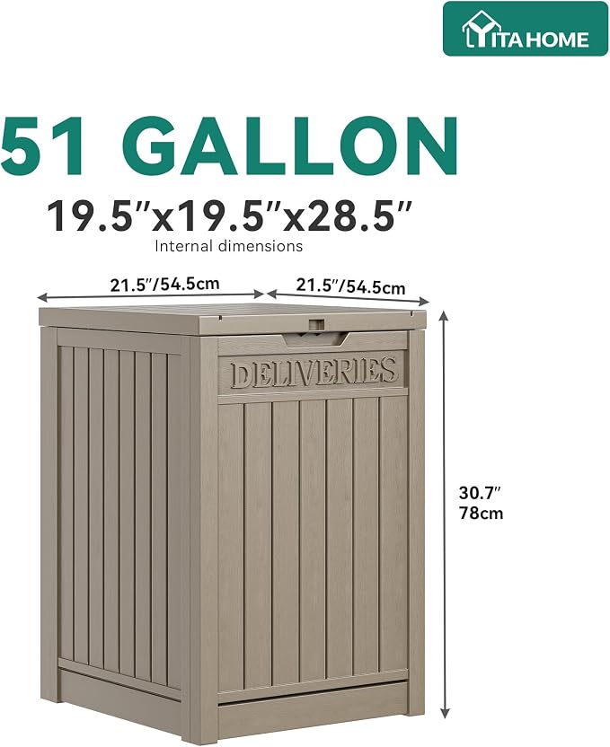 YITAHOME Outdoor Package Delivery Storage Box 51 Gallon, Secure Lockable Resin Package Delivery Container, Deck Box for Porch & Curbside, Brown