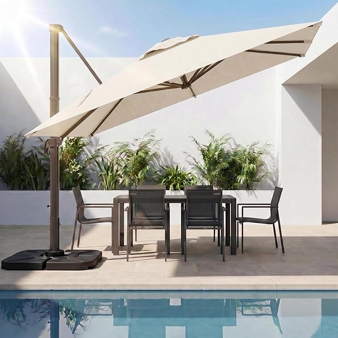 Kingdura 10x10 FT Cantilever Patio Umbrella with Base Included, Large Square Aluminum Offset Outdoor Pool Umbrella, 360° Rotation & 4-Position Tilt, UV Protection for Deck Backyard (Cream white)