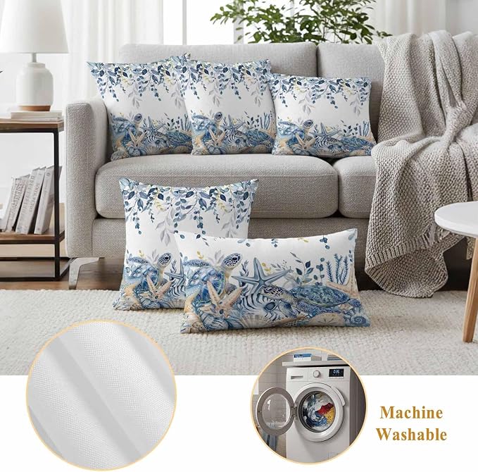 Pack of 2 Blue Turtle Coastal Outdoor Pillow Covers Decorative, Beach Coral Starfish Waterproof Pillow Protector, Nautical Sea Eucalyptus Throw Pillowcases Cushion Cases for Patio Couch Sofa 24"x24"