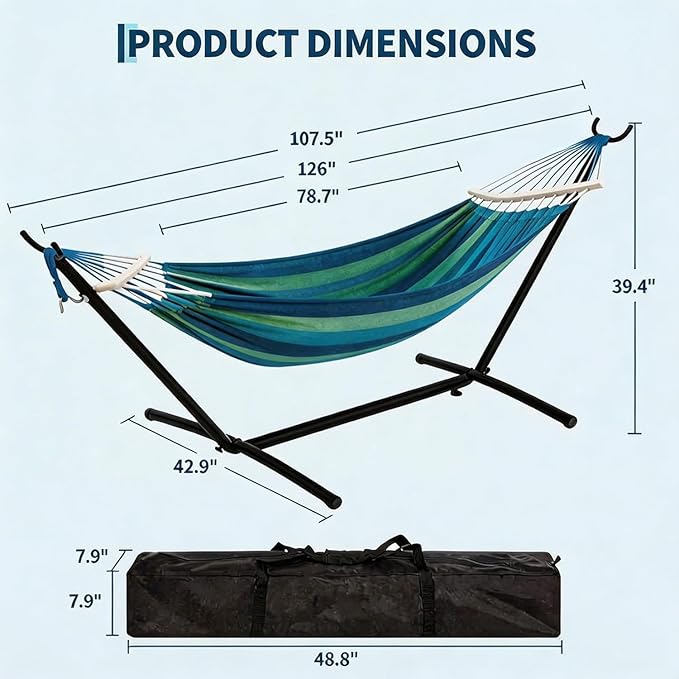 Double Hammock with Steel Stand, Outdoor Portable Hammocks Accommodates with 450Lb Capacity 2 People& Portable Carry Bag for Outside Camping Garden Yard,Dark Blue+ Green