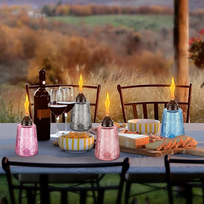 4-Pack Glass Table Top Torches - 12oz Refillable Citronella Torches Canisters for Outdoor, Includes Wick & Cap, Decorative Lanterns for Patio, Garden, Yard, Party, Landscape(Multi-Color)