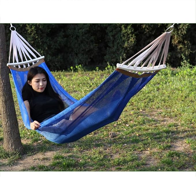 Camping Hammock, Hammock Thickened and Widened Double Hammock Anti-Rollover with Wooden Stick Ice Silk Gauze Breathable Camping Portable Outdoor Leisure Equipment(Blue)