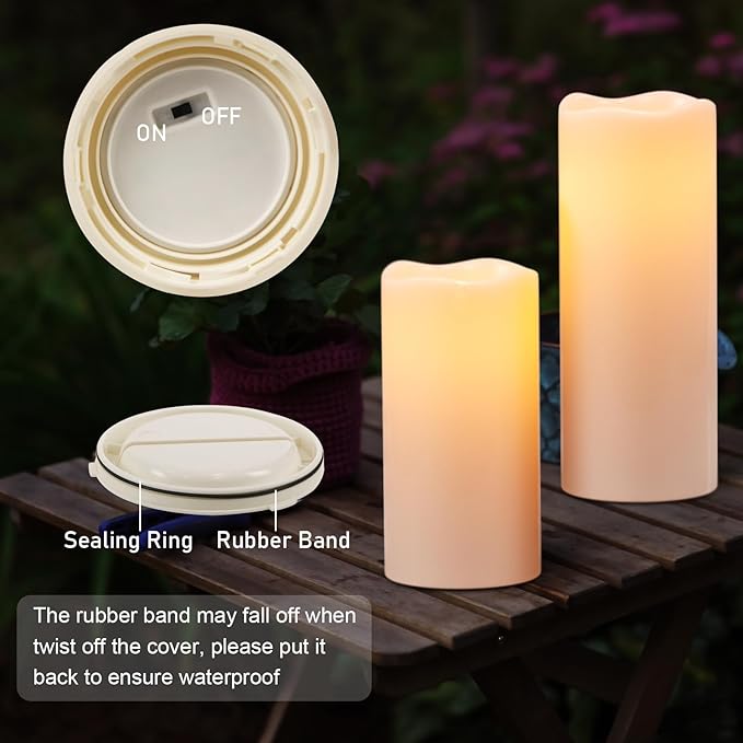 Eldnacele Large Outdoor Solar Flameless Candles Waterproof, 4" x 8" 10", Solar Powered Dusk to Dawn Plastic LED Flickering Pillar Candles Garden Patio Lanterns Wedding Holiday Decor(2 Pack White)