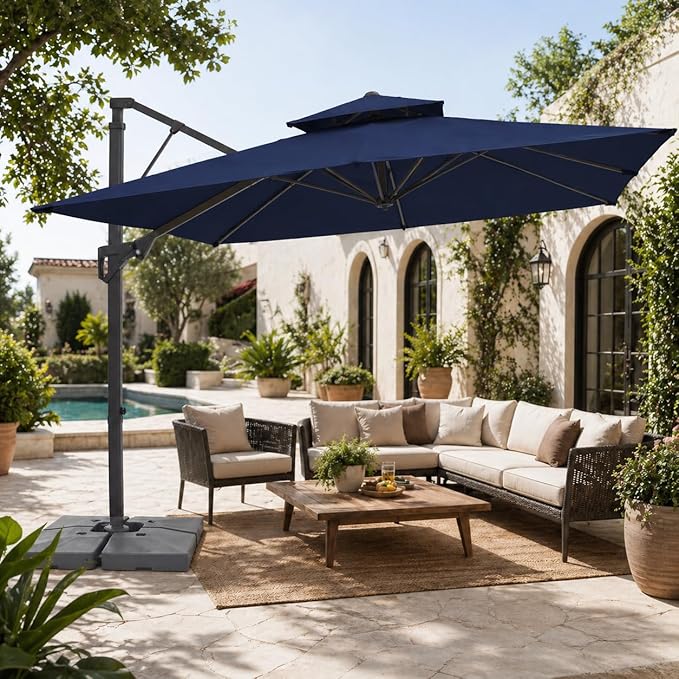 JEAREY 9ft 2-Tier Cantilever Patio Umbrella, Large Square Outdoor Offset Umbrella with Double Top Vent and 360-degree Rotation for Garden Deck Pool Patio, Navy