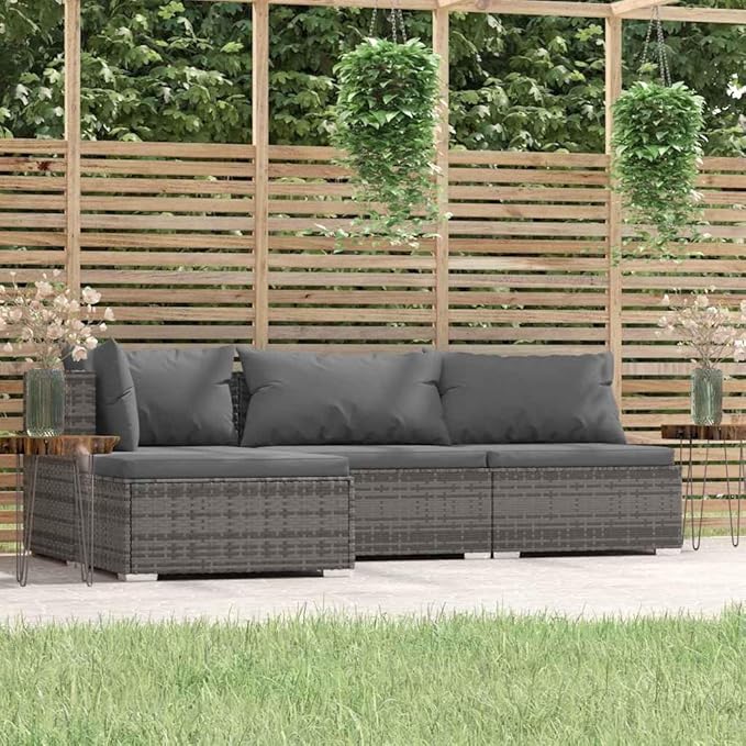 4 Piece Patio Lounge Set with Cushions, Patio Conversation Set Porch Furniture Set Outdoor Sofa Sets Front Porch Furniture for Piazza Negotiation Area Exhibition Poolside Gray Poly Rattan