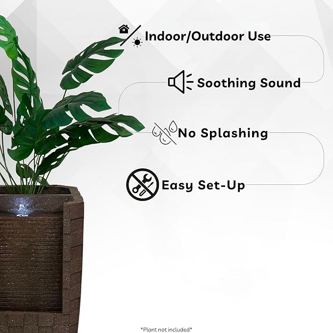 XBrand 23.8" H Brown Outdoor Water Fountain with LED Light and Planter Area, Decorative Garden Water Feature for Patio, Deck, Backyard and Indoor Home Décor