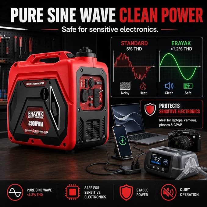 ERAYAK 4500W Dual-Fuel Portable Inverter Generator for Home Use, Camping Outdoor, 30A RV Ready, Auto Switch, Gas and Propane Powered, EPA, CO Sensor, Parallel Ready, Campact Design