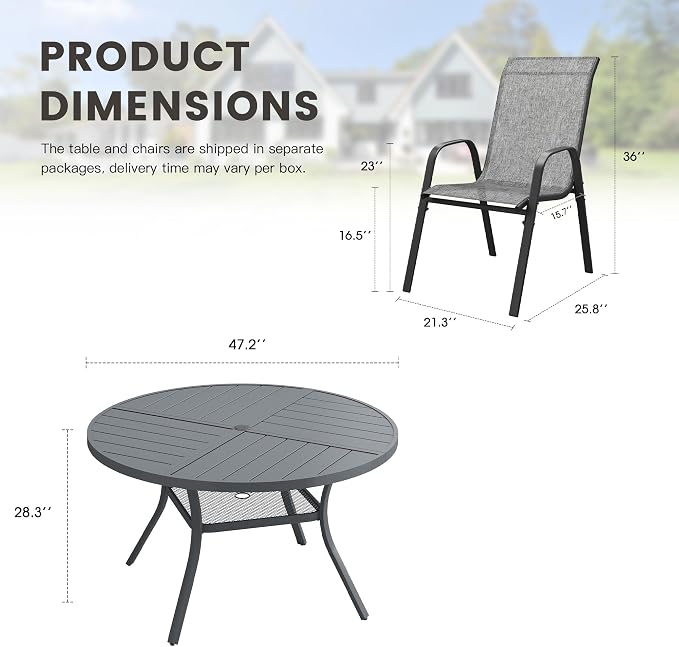 7 Pieces Outdoor Dining Set, 47.3" Spliced Patio Table with Umbrella Hole & Stackable Outdoor Dining Chairs, Patio Furniture Set for Deck Garden Porch, Grey Chairs & Dark Grey Table