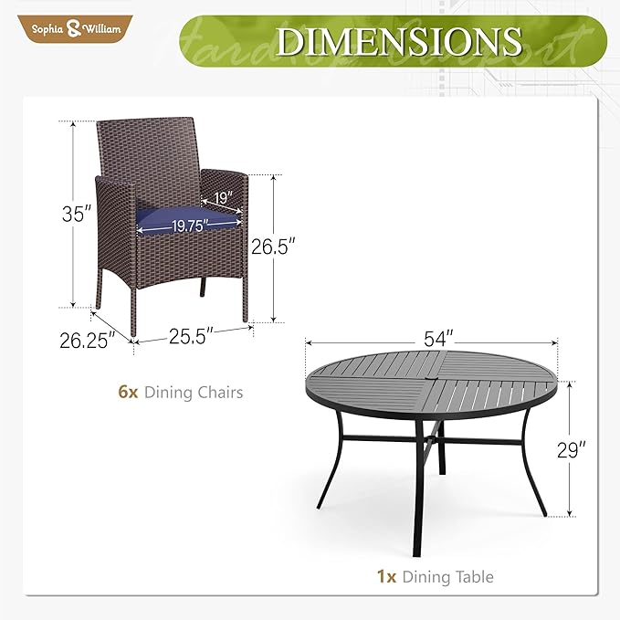 Sophia & William 7 Pieces Round Patio Dining Set for 6, Metal Patio Table and Rattan Chairs Set for Outside, All Weather Outdoor Dining Set with 1.6" - 2" Umbrella Hole