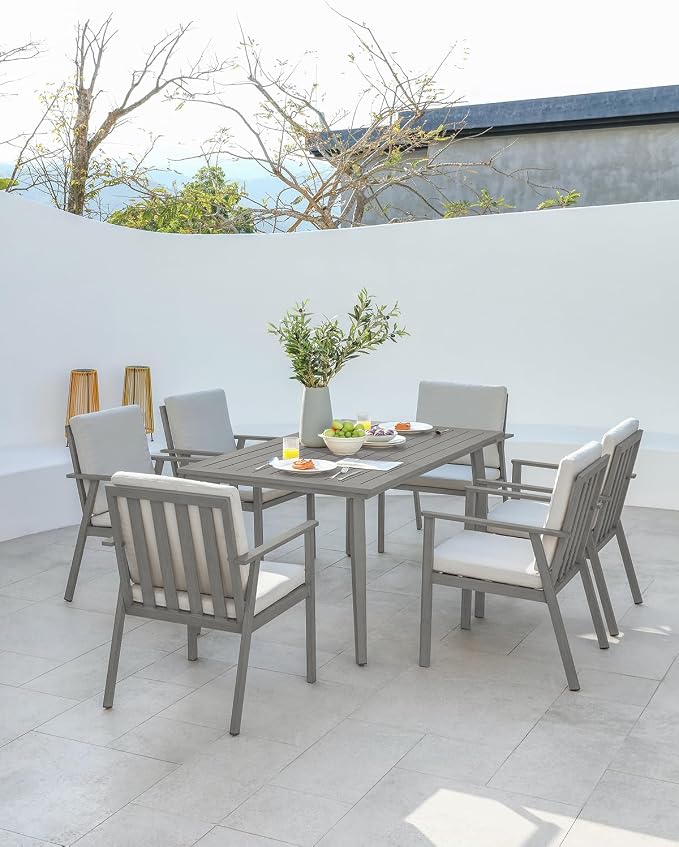 Never-Rust Outdoor Patio Dining Table for 6, Aluminum Outdoor Dining Table with Umbrella Hole, 6 Person Patio Dining Table Furniture for Decks, Garden, Porch, Lawn, Limed Oak