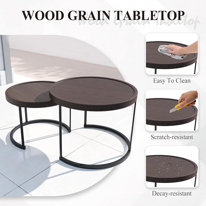 Cabana Chic Nesting Tables with Ottomans, Outdoor Round Side Table, Nesting Coffee Table Set, 2 Tables 1 Ottoman, Brown/Beige