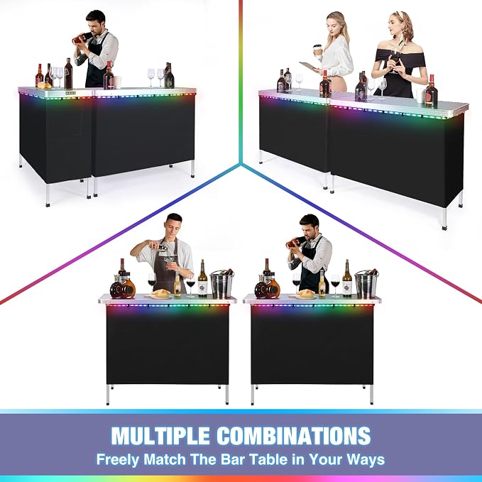 REDCAMP Portable Double Bar Table with Multi-Color LED Lights, Pop Up Folding Mobile Bar Bartender Station Podium Table for Events, Party, Camping, Tradeshow, Exhibition, Easy Setup, Black,43"x33"x15"