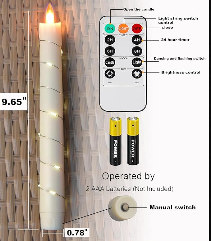 danip flameless Cone Candle, Patented Starlight String, with 11 Timing Key Remote Control, Battery Powered, Patented Simulated Flame, 6 Packs (Ivory Color)