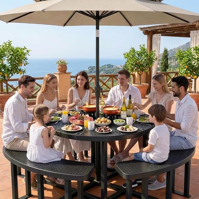 Heavy Duty 38" Round Q235 Steel Picnic Table, Black Metal Outdoor Table with Umbrella Hole, Industrial Patio Picnic Table for 8 People, Backyard & Park