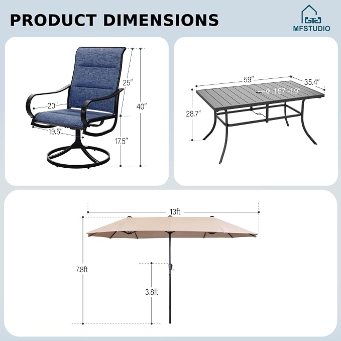 MFSTUDIO Outdoor Dining Set for 6, Patio Furniture Set with Beige Umbrella (Base not Included), Outdoor Rectangle Metal Table and 6 Padded Navy Sling Chairs Set for Patio, Deck, Backyard, Garden