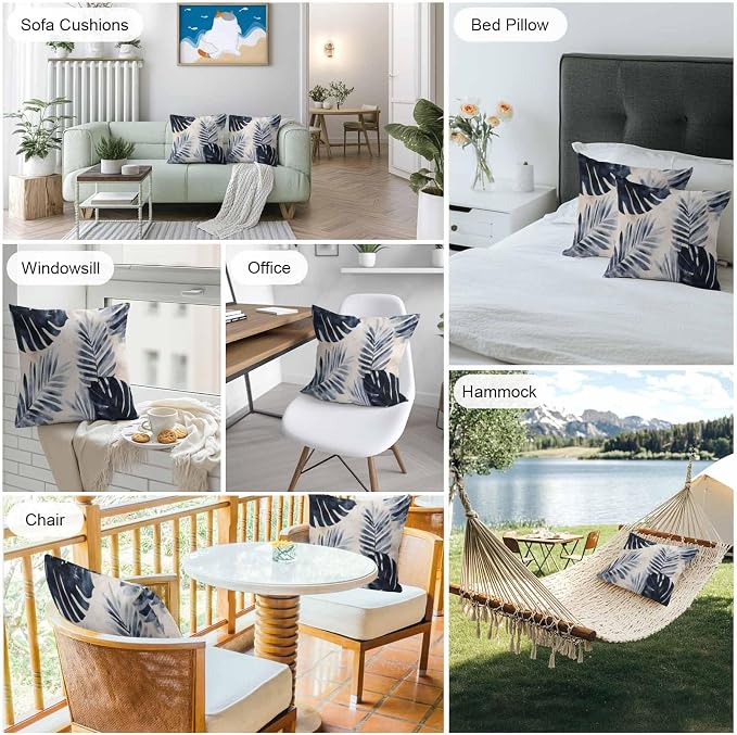 Pack of 2 Waterproof Outdoor Pillow Covers 16x16 Inch Decorative Pillow Covers Navy Blue Palm Leaves Throw Pillowcases Tropical Botanical Retro Outdoor Cushion Cover for Couch, Patio, Tent