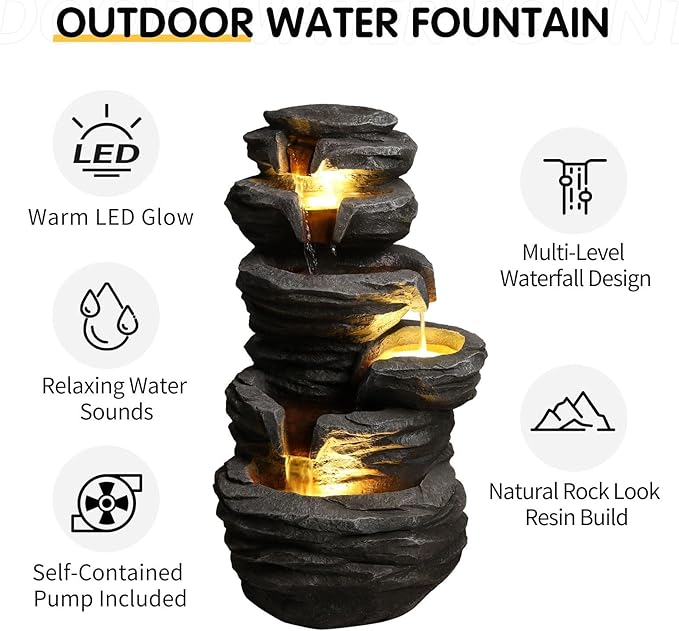Outdoor Waterfall Fountain with LED Lights, 25.6" Stacked Stone Cascading Water Feature with Pump, Multi-Tier Rock Fountain for Patio Garden Yard Porch Landscape Decor, Gray