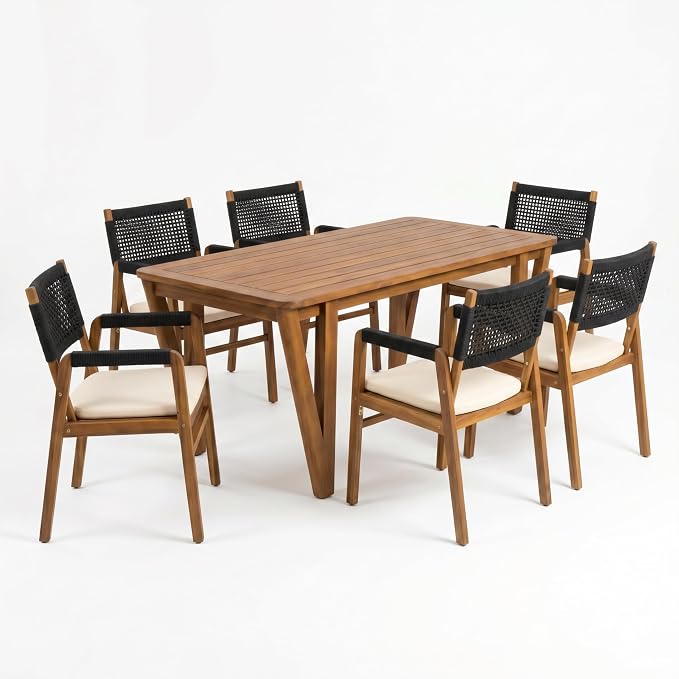 Christopher Knight Home Terri Acacia Wood Patio Dining Set for 6, Solid Wood Outdoor Dining Table Set for 6, 7 Piece Outdoor Dining Set with Rectangular Table and Woven Rope Accents, Teak+Beige+Black