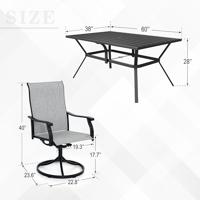 Anmutig 7-Piece Outdoor Dining Set, 6 Swivel Patio Chairs & 60'' Rectangular Dining Table with All Weather Frame Furniture Set - Grey Style1