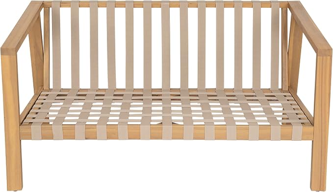 Christopher Knight Home Kayim Patio Loveseat Coffee Table Set with Woven Rope Backrest, Acacia Wood Outdoor Furniture Set, Outdoor Conversation Sofa Chat Set for Backyard Deck, Light Teak+Beige