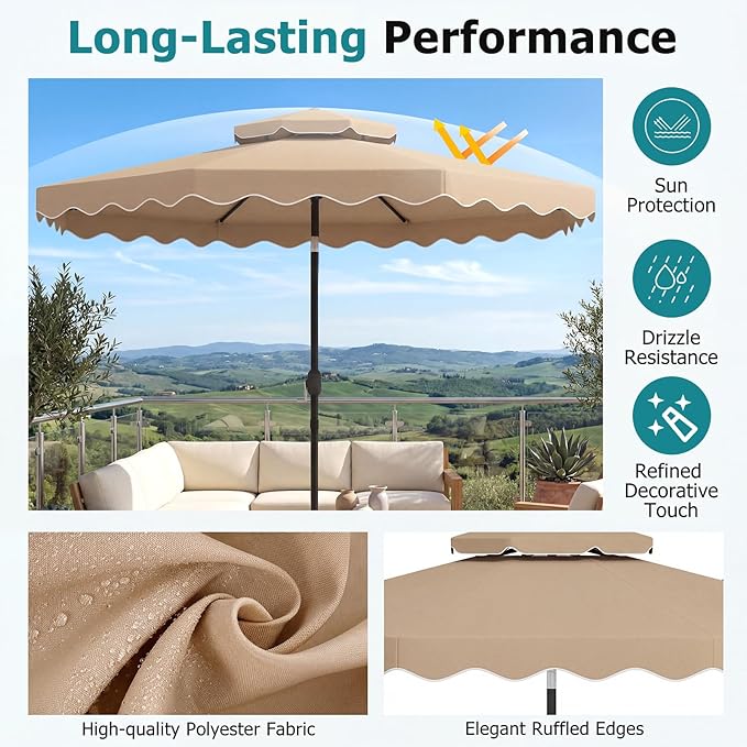 Happygrill 10 FT Patio Umbrella, Scalloped Outdoor Table Market Umbrella with Push Button Tilt & Crank, 2-Tier Vented Top, Heavy-Duty 8 Metal Ribs, Sun-Protective Canopy, Ruffle for Deck Pool Garden (Brown)