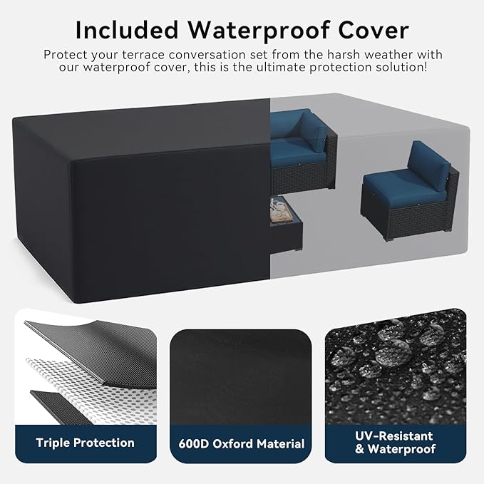 LazySunsets 7 Piece Outdoor Patio Furniture Set with Coffee Table, Outdoor Patio Furniture Sets with Waterproof Cover and 4'' Cushion, Wicker Rattan Outdoor Conversation Set for Backyard, Peacock Blue