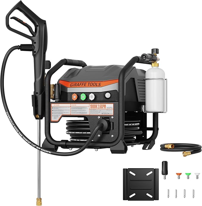 Giraffe Tools Crossfalls Retractable Pressure Washer Ultra, Max 2.6GPM 1650PSI with Brushless Motor, Wall Mount Electric Power Washer with 50ft Pressure Hoses, 4-Nozzle, Foam Cannon, Automatic Rewind