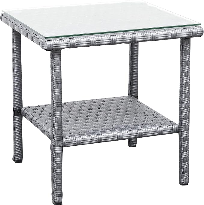 Valita Outdoor Wicker Glass Top Side Table - Patio Rattan Square End Table with Storage, Grey