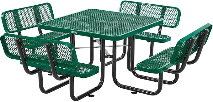 Global Industrial 46" Square Picnic Table with Backrests, Expanded Metal, Green Thermoplastic Coating, 1-1/2" Umbrella Hole, Outdoor-Rated, 1000 Lbs Capacity