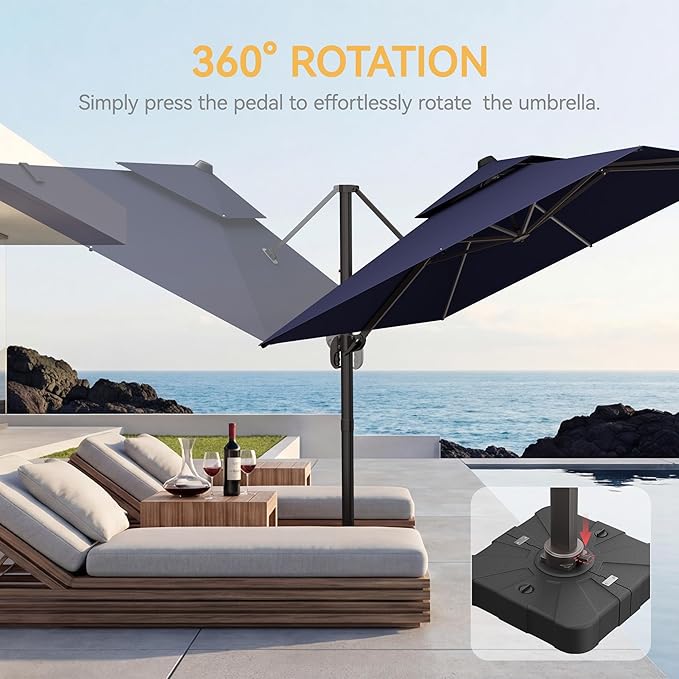 9x12 FT Patio Umbrella with base, Large Cantilever Rectangular Double Top Heavy Duty Offset Umbrellas with 360° Rotation, Outdoor shade for Garden Deck Pool, Navy