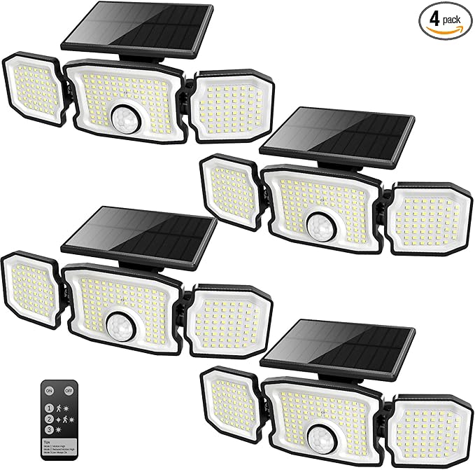 Solar Lights Outdoor Waterproof- 2800LM 200LED Solar Motion Sensor Lights, 3 Heads & 3 Modes Flood Lights, 270° Wide Angle Solar Powered Security Lights for Yard, Garage(4 Pack)