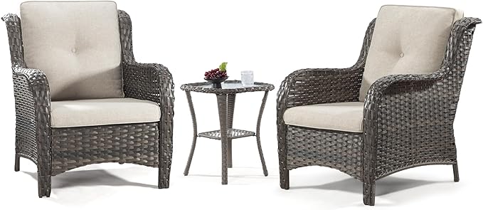 Wicker Chair Set 3-Piece Wicker Outdoor Furniture Conversational Sets with Two Armchairs & One Rattan Side Table, Olefin Cushions Included, Beige