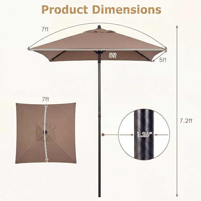 Giantex 5ft Square Patio Umbrella, Outdoor Table Umbrella with Push Bottom Tilt, 4 Sturdy Ribs, Fade Resistant & Waterproof Canopy, Market Umbrella for Deck, Pool, Backyard, Garden, Beach