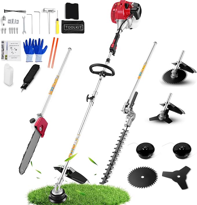 58CC Weed Wacker Gas Powered, 2-Cycle 5 in 1 Gas Powered Hedge Trimmer, Pole Saw, String Trimmer and Brush Cutter Blade, Grass Cutter Machine, Multi Functional Trimming Tools for Yard Garden Lawn Care