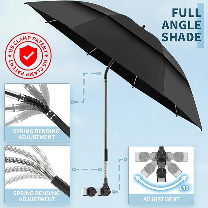 48.6" Double Canopy Beach Umbrella with Clamp, UPF50+ Beach Chair Umbrella with clip, 360°Adjustable Portable Outdoor Wheelchair, Patio, Golf Carts,Camping(Black)