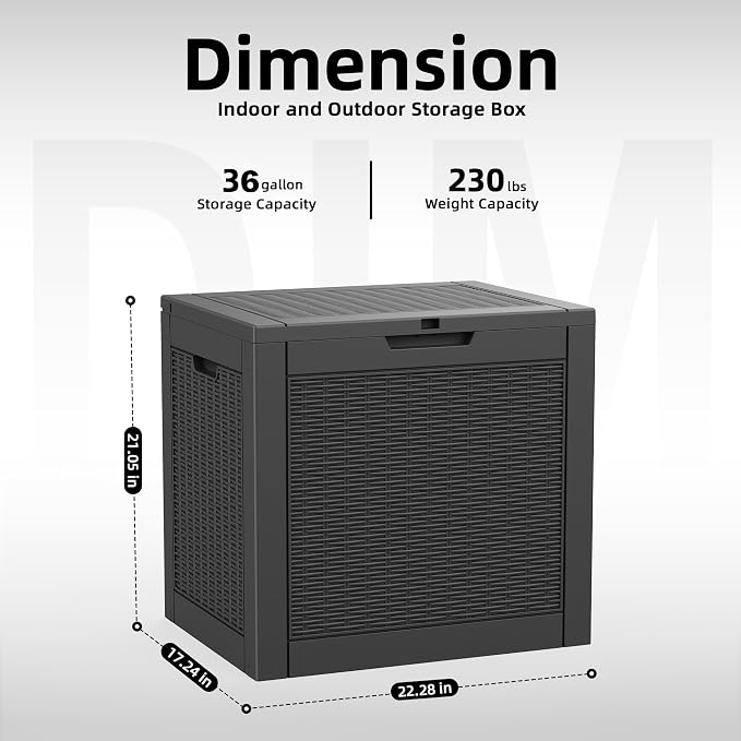 Outdoor Waterproof Resin Storage Deck Box Lockable Outside Bench UV Resistant Bin Patio Porch Furniture Pool Float Garden Tool Cushion Black 36 Gallon