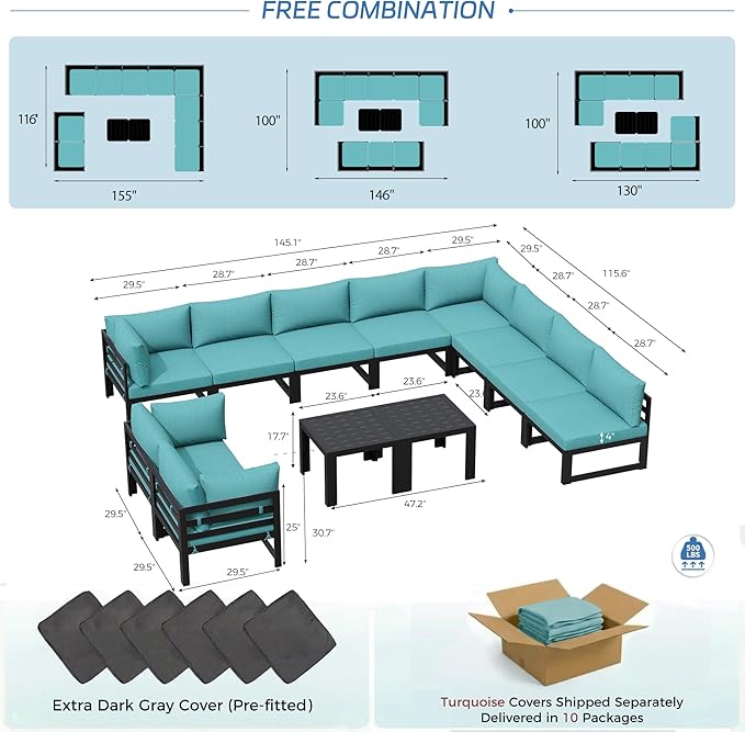 NICESOUL 10 Person Modern Aluminum Outdoor Patio Furniture Set with Side Table, 29" Wide Deep Seating, L Shaped Water Resistant Modular Sectional Couch, Oversized Conversation Set for Poolside, Teal